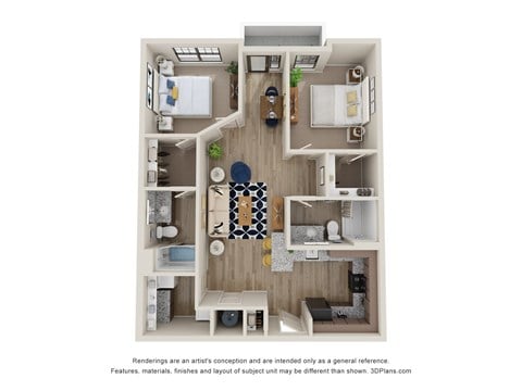 Floor plan for 2 beds, 2 baths, 1032 sqft